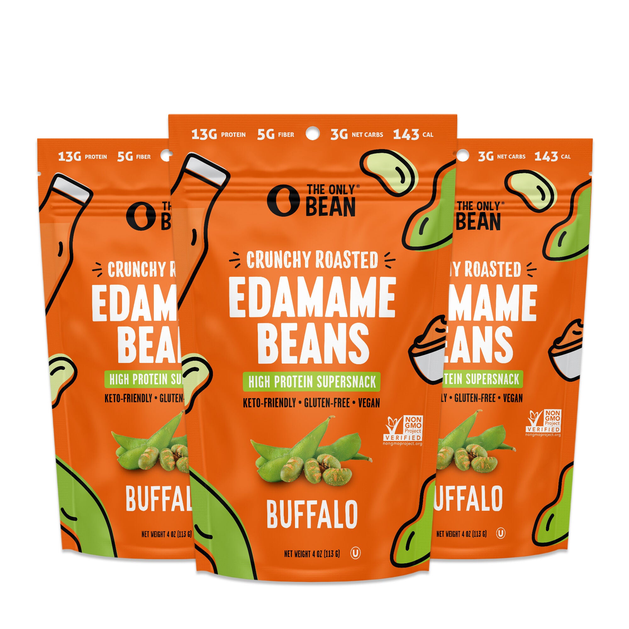 The Only Bean - Crunchy Roasted Edamame Beans - Buffalo - 3 Bags | GNC